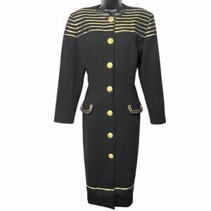 VTG 80s 90s LESLIE FAY KNIT DRESS BLACK GOLD MILITARY STYLE RETRO STATEMENT P L